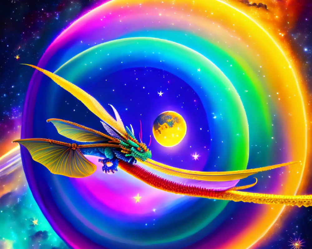 Colorful digital artwork: Mythical dragon in cosmic space