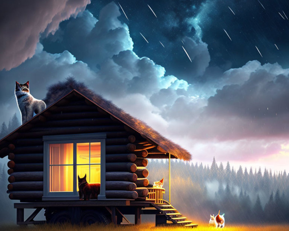 Tranquil twilight setting with wooden cabin and cats under starry sky