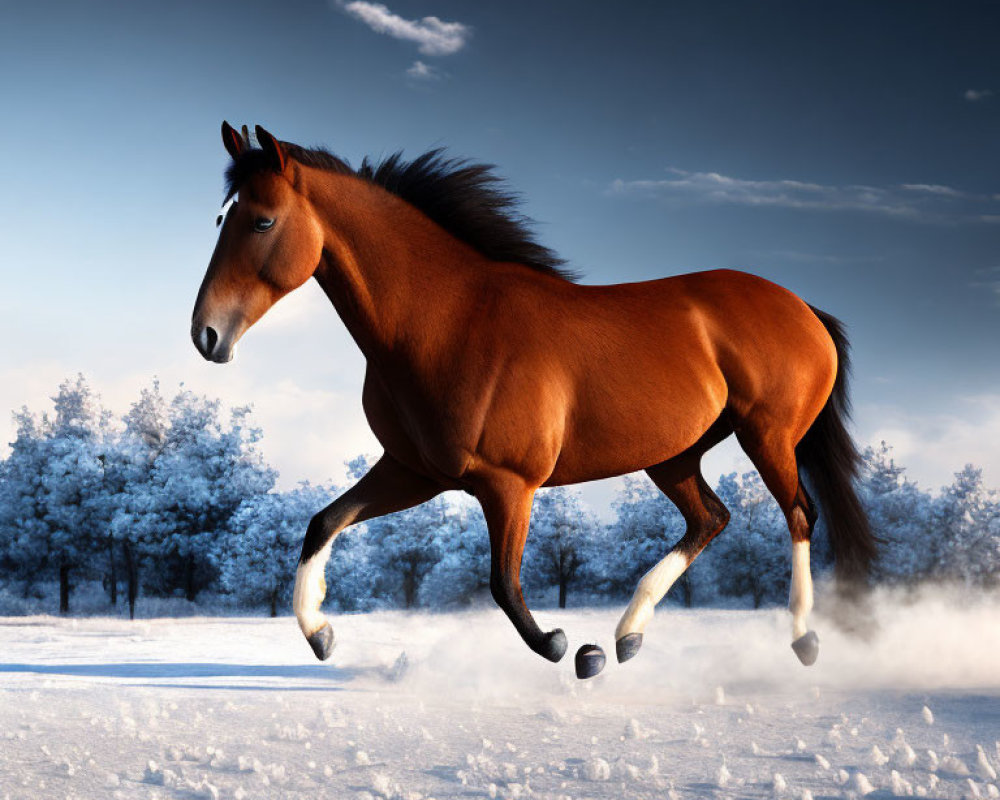 Majestic brown horse galloping in snowy landscape