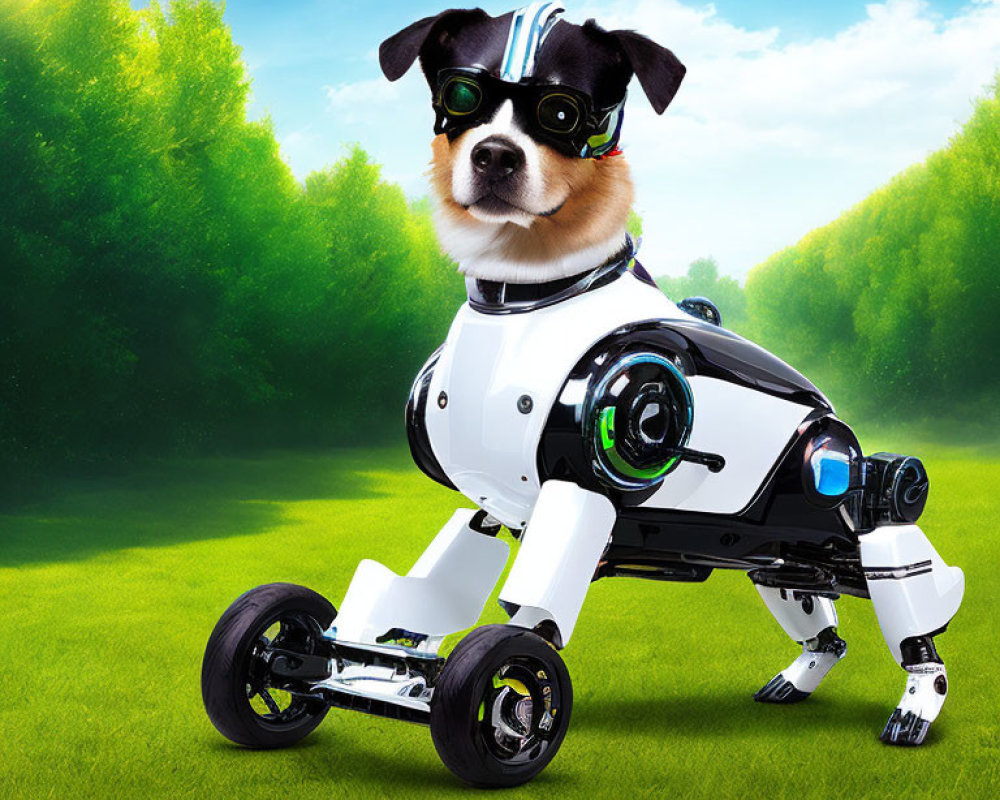 Dog with Goggles on Robotic Body in Sunny Field