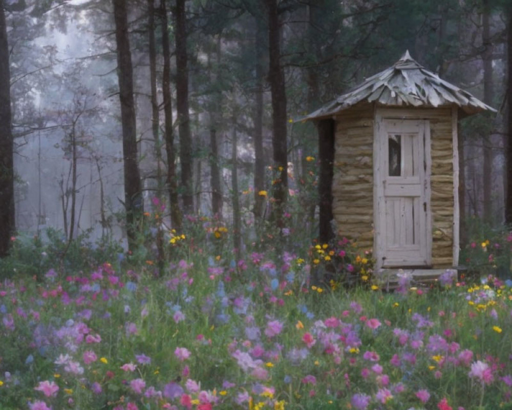 Rustic wooden outhouse in colorful wildflower meadow.