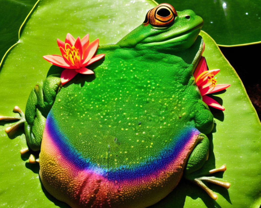 Colorful Frog on Lily Pad Surrounded by Pink Water Lilies