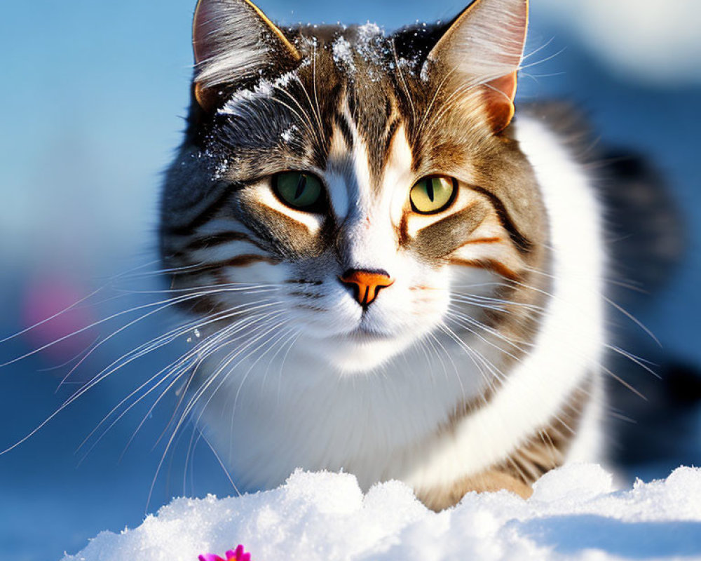 Tabby and White Cat with Amber Eyes in Snow with Pink Flower