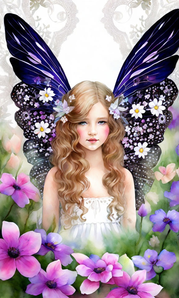 Illustration of girl with butterfly wings among pink and purple flowers