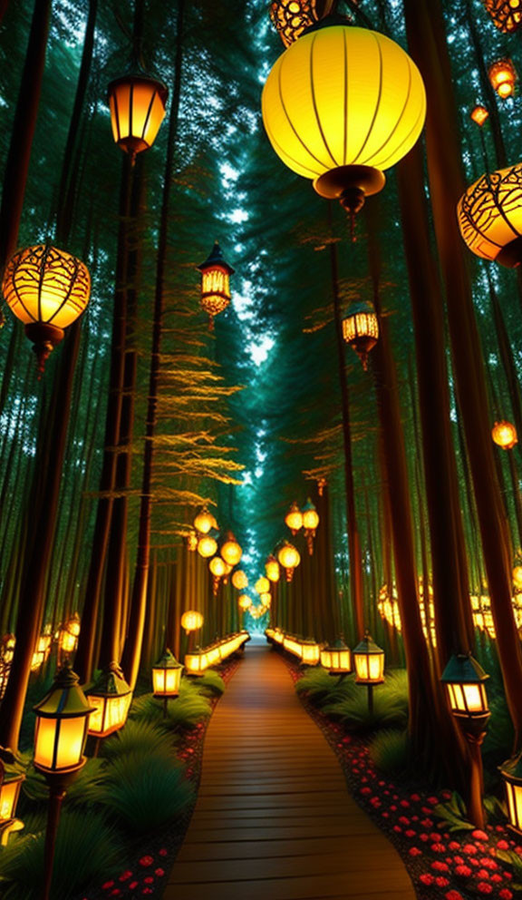 Tranquil forest pathway with oriental lanterns illuminating lush greenery