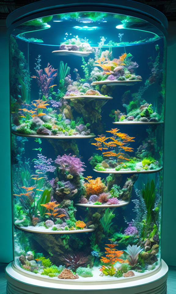 Colorful Coral Aquarium Under Blue Lighting