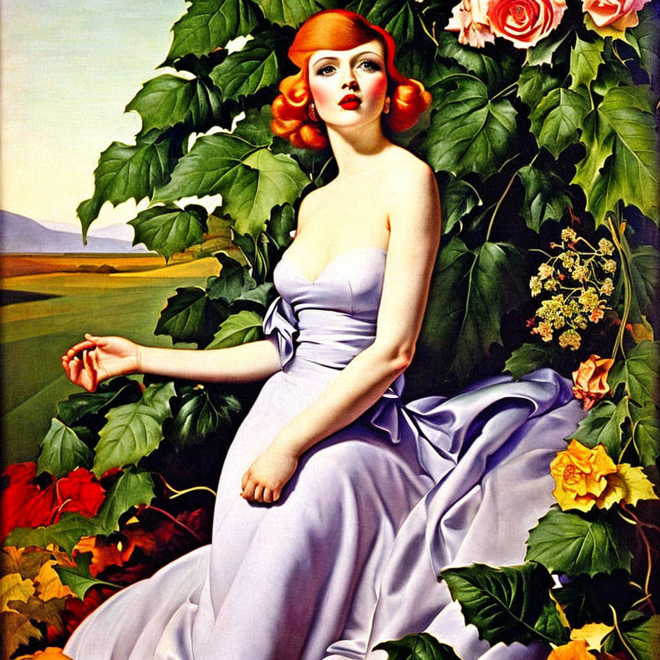 Vintage portrait: Red-haired woman in lavender dress among roses, pastoral landscape.