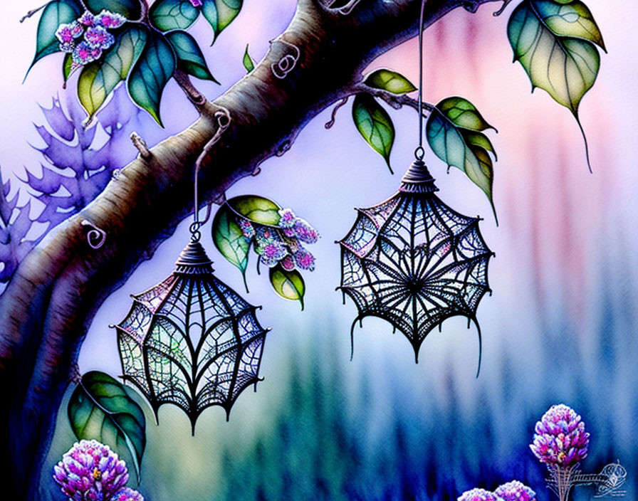 Delicate spider web lanterns on branch with floral motifs against twilight sky gradient.