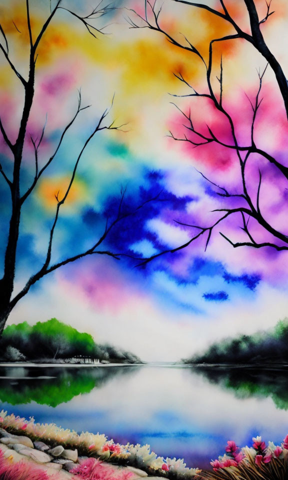 Colorful Watercolor Landscape: Serene Lake, Bright Sky, Silhouetted Trees, Fl