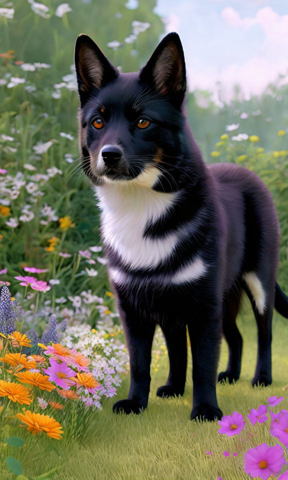 Black and Tan Dog Among Colorful Wildflowers in Sunlit Garden