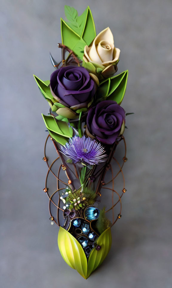 Cream and purple rose bouquet with blue thistle and wirework accents.