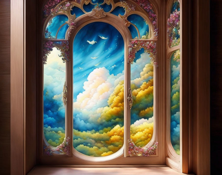 Ornate wooden window overlooking vibrant sky with colorful clouds and flying birds