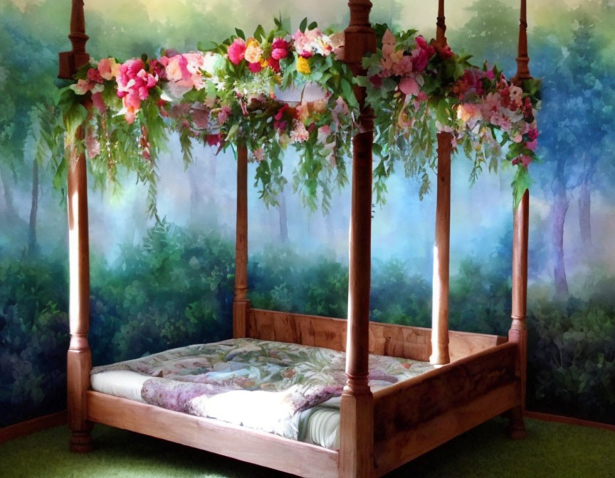 Whimsical four-poster bed with floral garland against enchanted forest mural