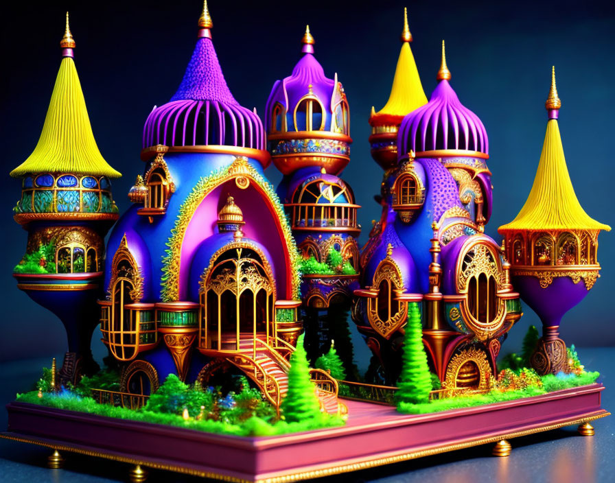 Colorful 3D fantasy palace illustration with turrets and golden accents