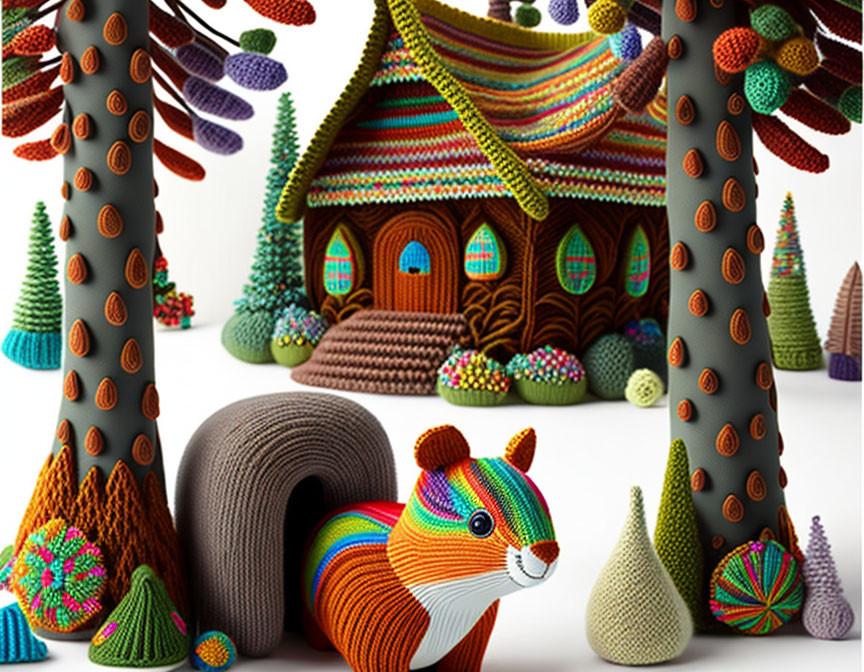 Detailed Knitted House, Trees, and Squirrel in Colorful Yarn Craft