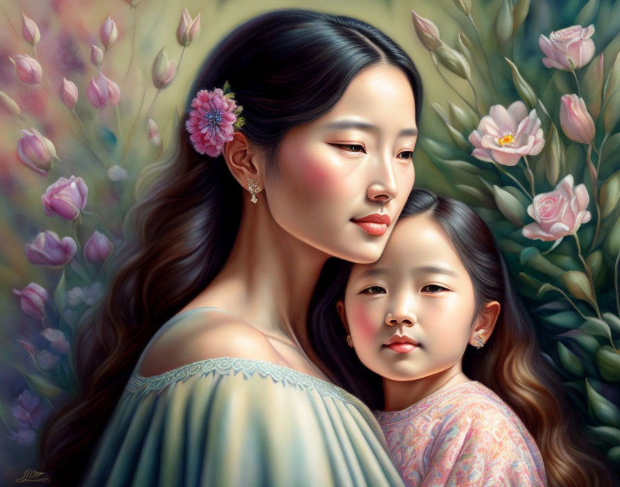 Asian woman and girl with serene expressions in a floral setting