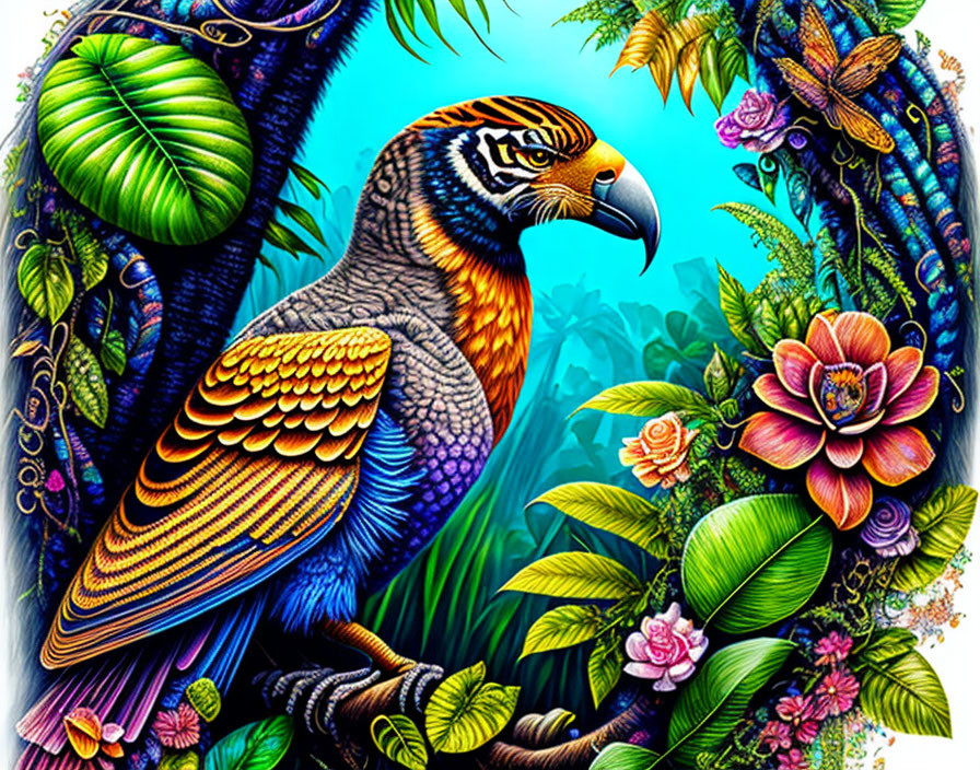 Colorful Parrot Illustration Among Tropical Flora