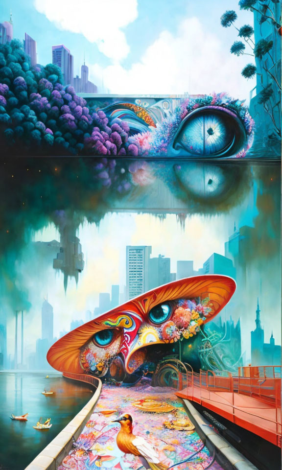 Colorful surreal painting: eye-shaped bridge, fantastical flora, inverted cityscape reflection, small bird