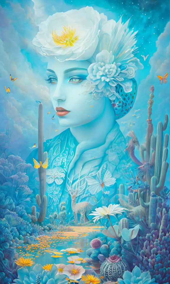 Blue-skinned woman with floral headpiece in surreal desert scene