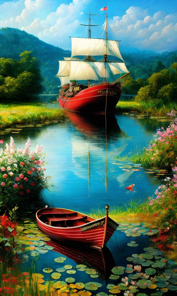 Colorful painting of sailboat on tranquil river with rowboat and lush hills