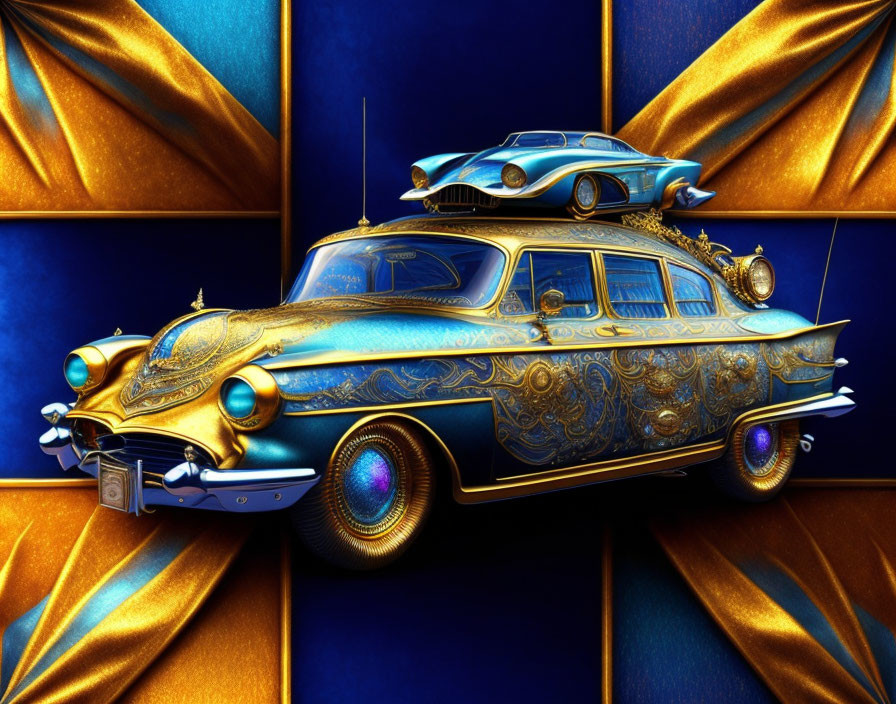 Ornate golden retro cars on luxurious blue background