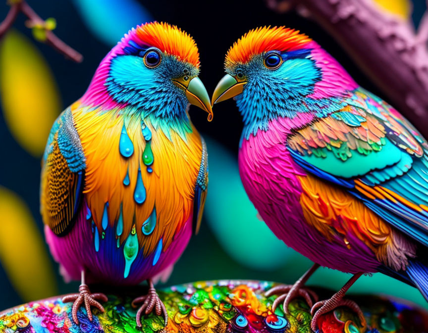 Colorful Fantasy Birds Touching Beaks on Patterned Surface