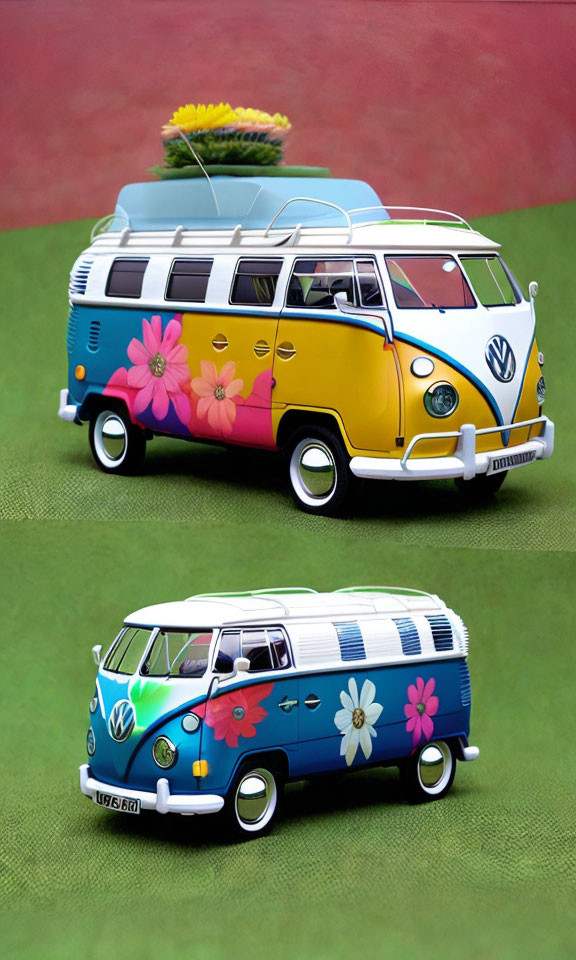 Colorful Flower-Patterned Toy Volkswagen Van Models on Red Background