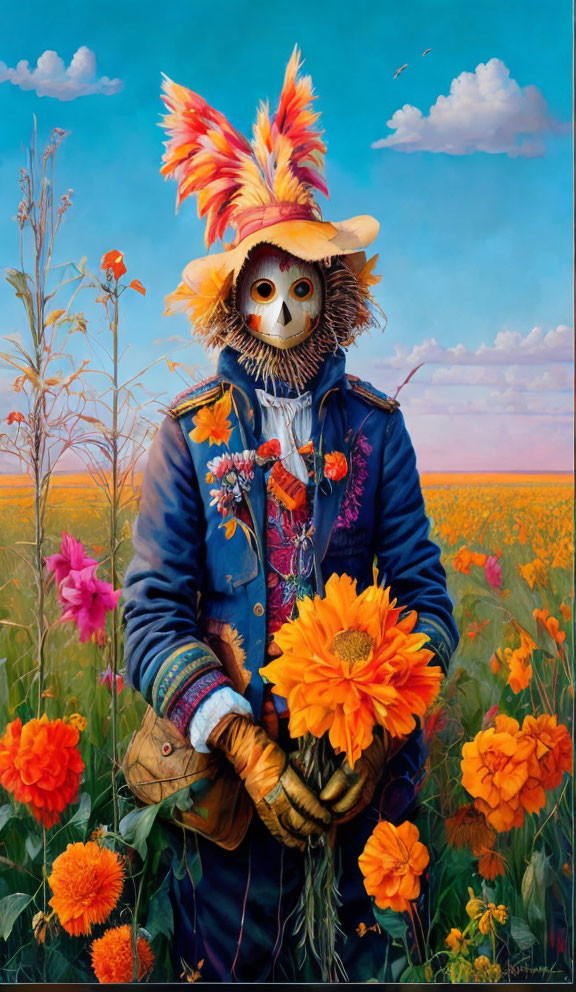 Figure in Blue Coat with Skull Mask Holding Marigolds in Flower Field