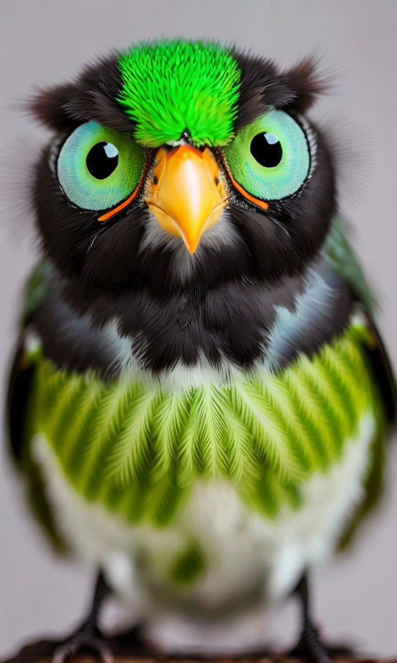 Colorful Bird with Green Feathers and Blue Eyes Close-Up