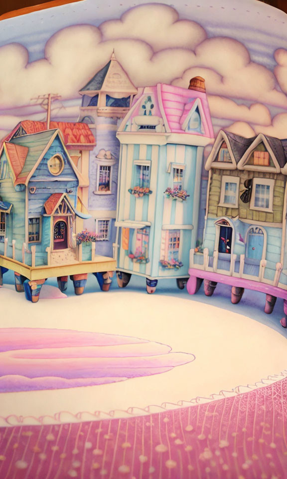 Whimsical houses with exaggerated features in pastel hues