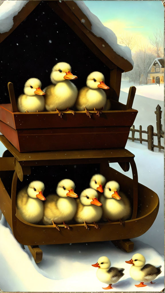 Seven Ducklings in Wooden Wheelbarrow on Snowy Landscape