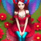 Illustration: Fairy with Blue Wings, Red Hair, Ruby Dress, Surrounded by Scarlet Flowers