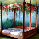 Whimsical four-poster bed with floral garland against enchanted forest mural