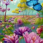 Colorful garden scene with blue butterfly and blooming flowers