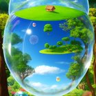 Colorful fantasy landscape with animals and floating island in bubble