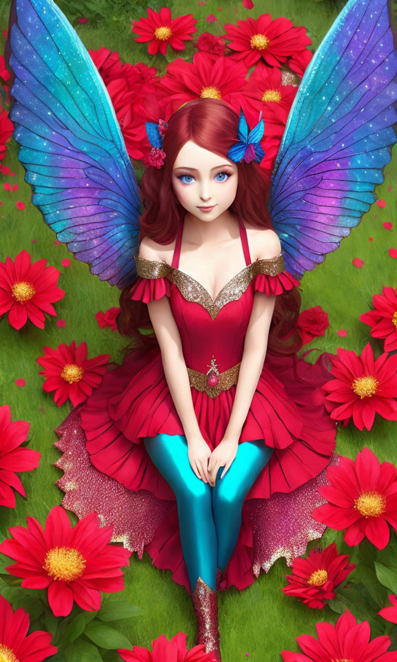 Illustration: Fairy with Blue Wings, Red Hair, Ruby Dress, Surrounded by Scarlet Flowers