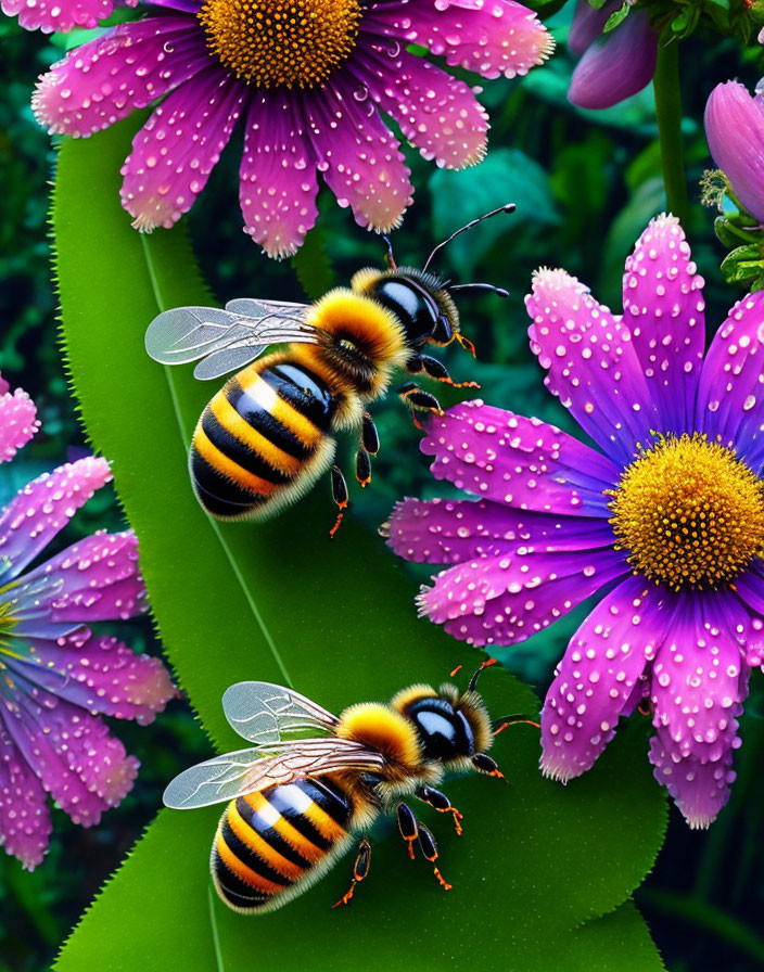 Bees on Vibrant Pink Flowers with Water Droplets in Green Foliage