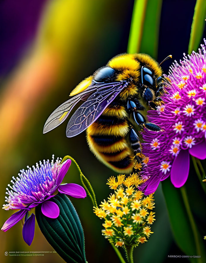 Close-up of bee pollinating purple and yellow flowers with rainbow background