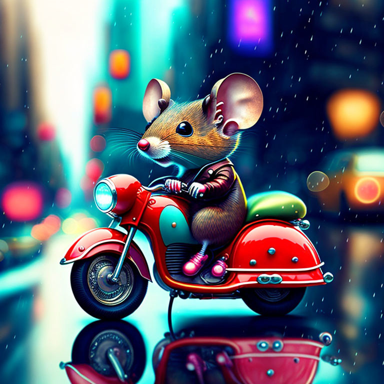Anthropomorphic mouse on red scooter in vibrant city night scene.
