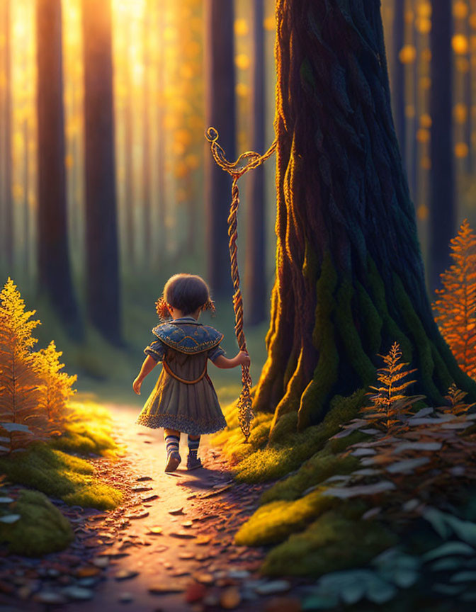 Child in forest with whimsical staff under sunlight.