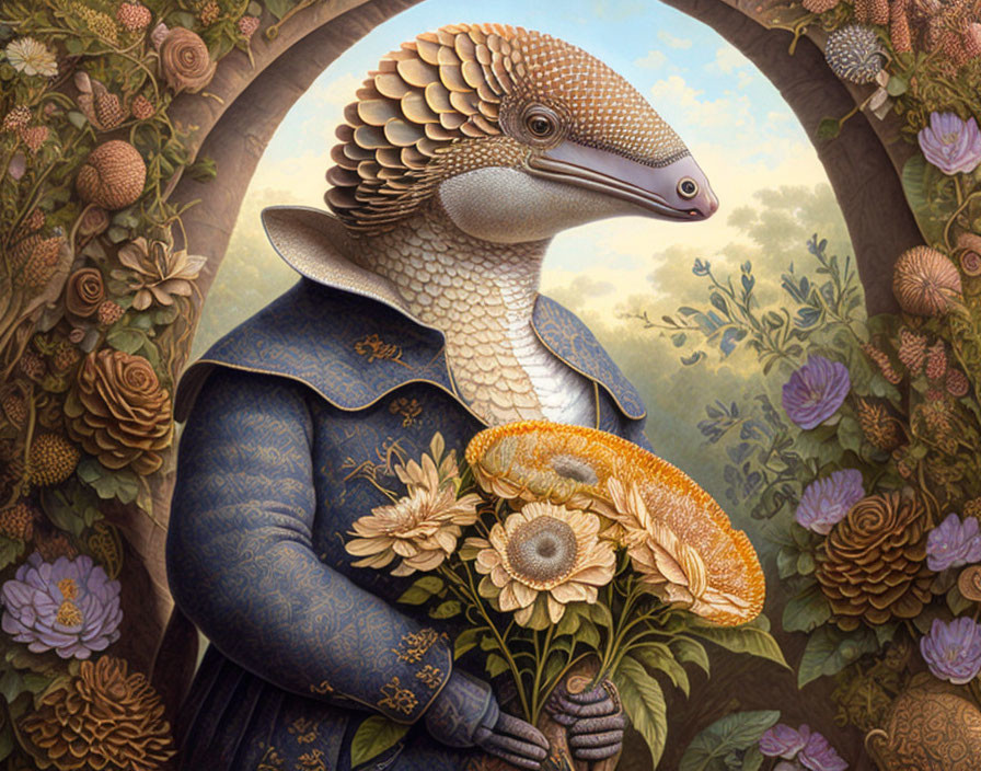 Anthropomorphic armadillo in blue coat with sunflower hat in lush garden