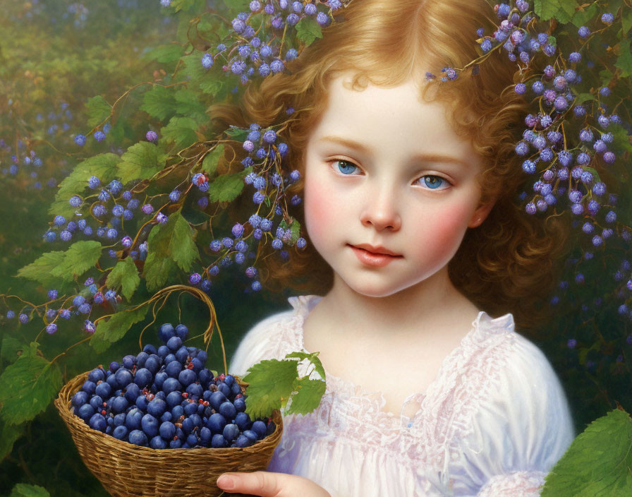 Portrait of a young child with rosy cheeks and golden curls holding a basket of blueberries in a