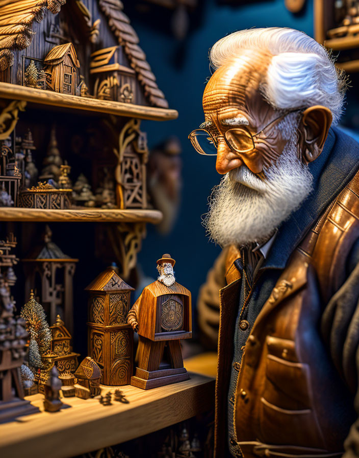 Elderly craftsman with beard and glasses surrounded by intricate wooden models and holding miniature house