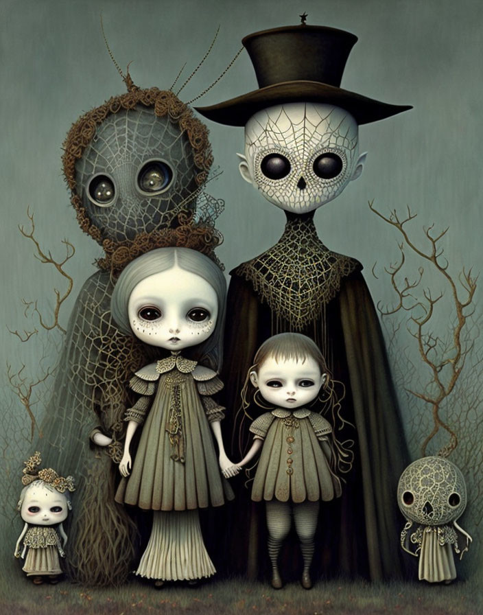 Whimsical family portrait in Victorian attire in a gothic forest