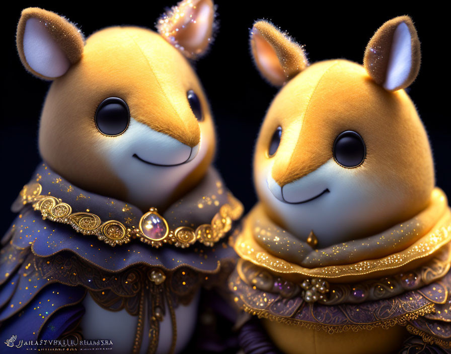 Ornate squirrel-like creatures with large eyes in golden capes and jeweled collars