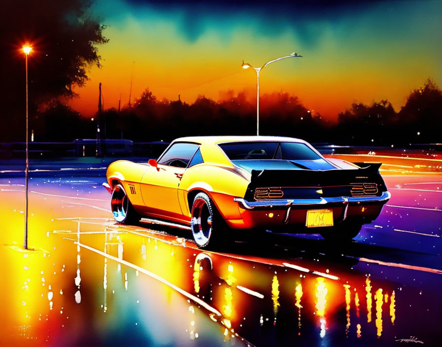 Classic muscle car with yellow to red gradient paint, parked on wet street at dusk.