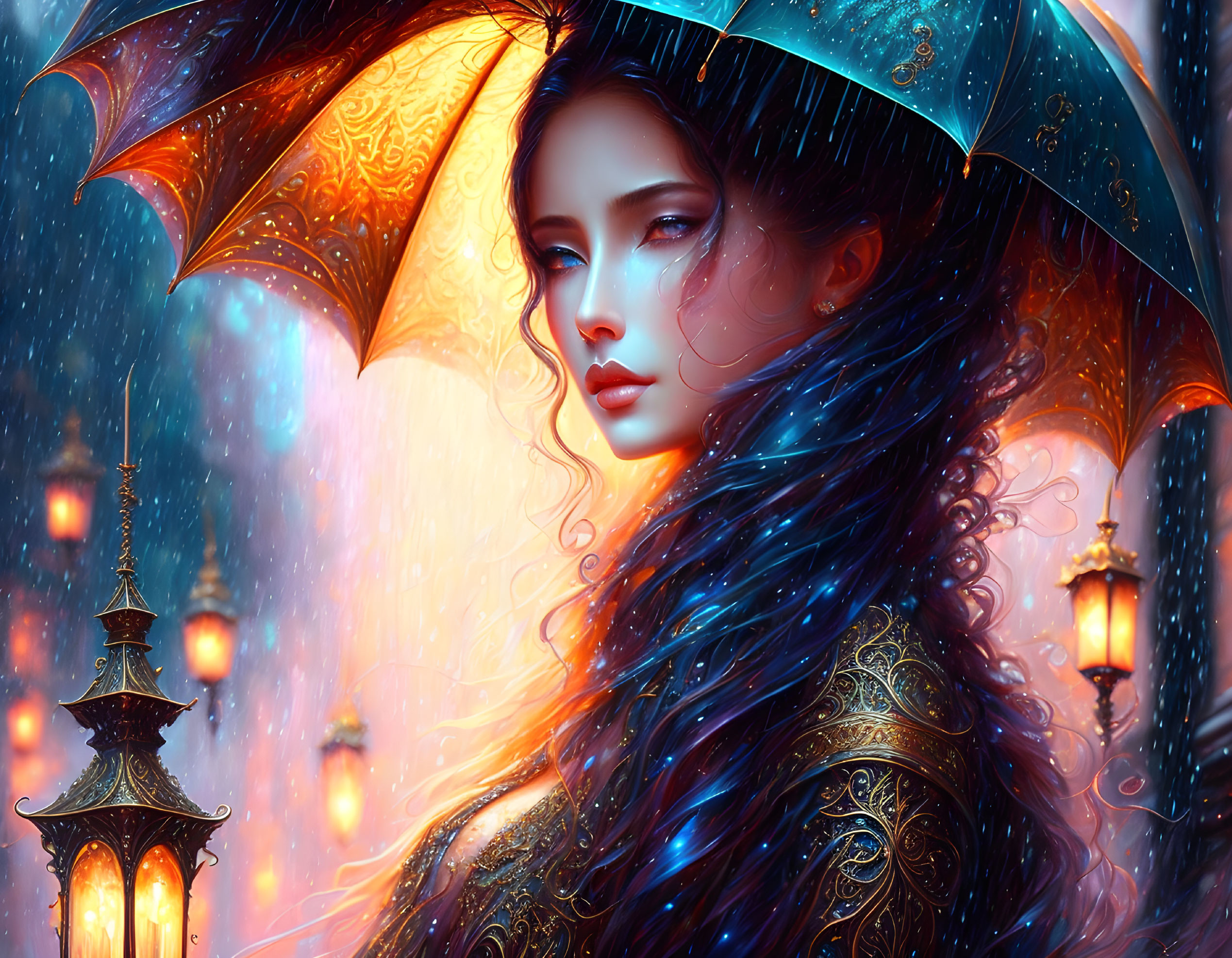 Digital Art: Woman with Blue Hair Holding Orange Umbrella in Rain