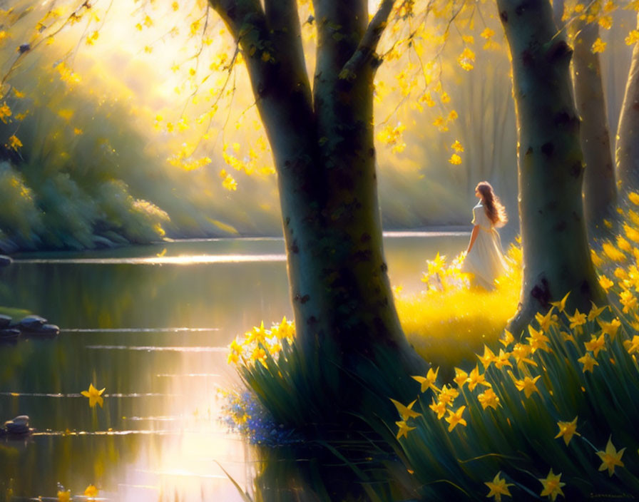 Woman in Yellow Flower Field by Tranquil Lake with Sunlight Filtering Through Trees