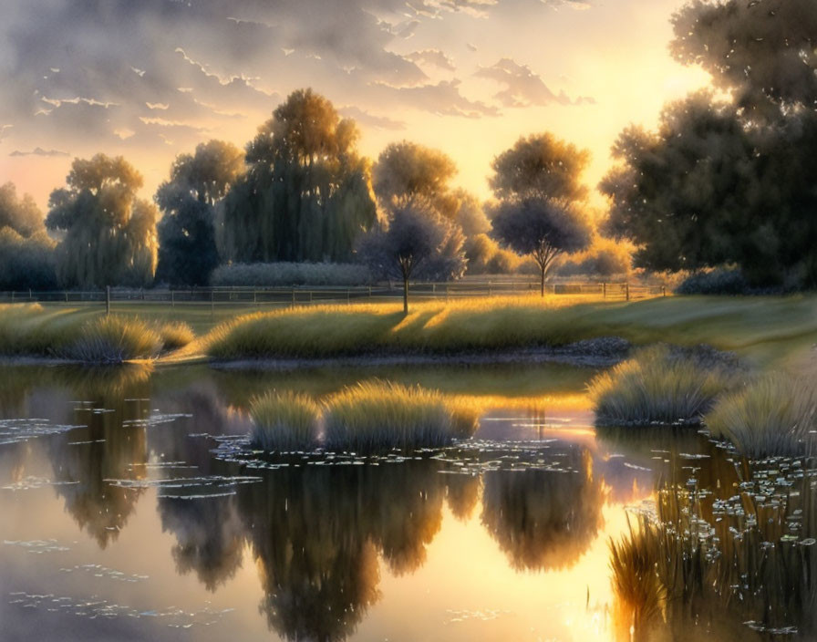 Tranquil dusk landscape with reflective lake and lush trees