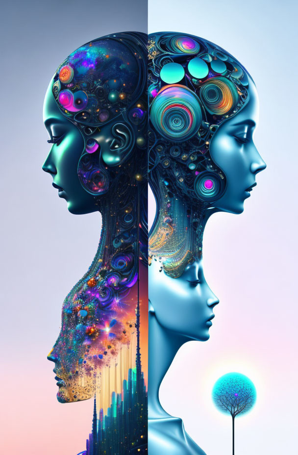 Futuristic profile heads with cosmic and floral elements on pastel sky background